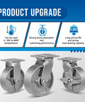 Heavy Duty 6x2 Caster Wheels Set Of Four With Steel Cast Iron Hub Galvanized Wheels And Zinc Plated Yoke Up To 5000 Lb Capacity Swivel Caster Set For Tool Boxes And Workbenches Industrial Grade Mobility with product upgrade features in blue banner.