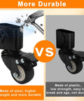 Comparison of steel vs plastic caster wheels showing durability; part of Heavy Duty Caster Wheel Kit With 360 Degree Swivel And Brake For Outdoor Ninja Stand XSKUNSTAND Durable All Steel Construction Fits Ninja OG And OO Series Grill Stands And Pizza Ovens Mobile Wheel Set Enhances Stability And Easy Transport.
