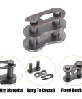 Steel hardware components including a buckle and links labeled for quality and installation, highlighting material and use specifics.