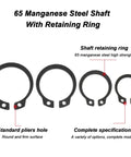 Labeled diagram of external retaining ring set with measurements and specifications for 65Mn manganese steel, showcasing shaft retaining rings.