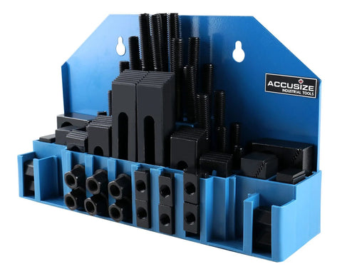 58 Piece Steel Clamping Kit With Wall Holder For Table Slot Five Eighths Inch And Stud Size One Half Inch With Thirteen Threads Per Inch Ideal For Heavy Duty Milling And Bridgeport Style Workpieces Accusize