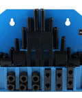 58 Piece Steel Clamping Kit With Wall Holder For Table Slot Five Eighths Inch And Stud Size One Half Inch With Thirteen Threads Per Inch Ideal For Heavy Duty Milling And Bridgeport Style Workpieces Accusize on blue wall holder with assorted clamps.