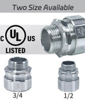 Ten Pack Three Quarter Inch Steel Compression Rigid Connector With Zinc Plated Threadless Design And Spring Coil For Metal Electrical Conduit Fittings For RGD Tubes Junction Boxes And Hubs shown with UL listing and available in 3/4 and 1/2 inch sizes