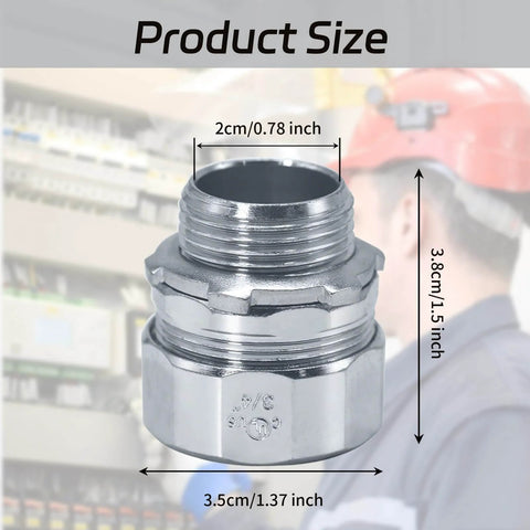 Ten Pack Three Quarter Inch Steel Compression Rigid Connector With Zinc Plated Threadless Design And Spring Coil For Metal Electrical Conduit Fittings For RGD Tubes Junction Boxes And Hubs, 3/4 inch size specifications shown.
