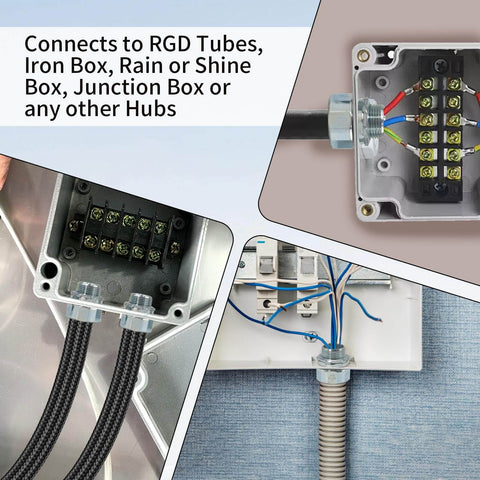 Close-up of installed Ten Pack Three Quarter Inch Steel Compression Rigid Connector With Zinc Plated Threadless Design And Spring Coil for metal electrical conduit fittings in junction boxes and hubs.