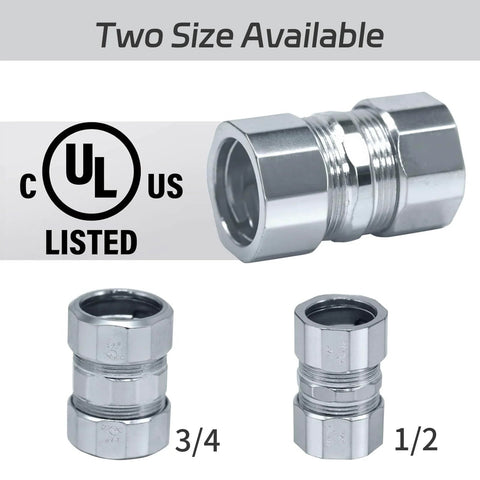 Ten Pack Steel Compression Rigid Coupling Three Quarter Inch Zinc Plated Steel Threadless Coupling With Spring Coil Solid Heavy Duty Metal Electrical Conduit Fittings For Connecting Rigid Tubes To Tubes, showing various sizes with UL listing.