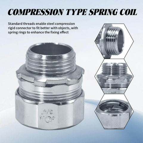 Ten Pack Three Quarter Inch Steel Compression Rigid Connector With Zinc Plated Threadless Design And Spring Coil