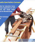 Conveyor roller stand setup with steel rollers and woodworking project in progress