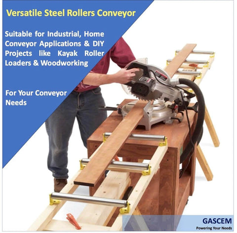 Conveyor roller stand setup with steel rollers and woodworking project in progress