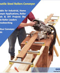 Man using miter saw with Pack of 2 Long Roller and Bracket Set 10 Inch BF 1.5 Inch Diameter Galvanized Steel Conveyor Rollers for Woodworking