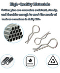 10pcs Cotter Pins, R Clips Hardware Pins displayed with features, highlighting corrosion resistance and durability for mechanics.