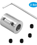 2 Pcs Bore Rigid Coupling Set 8mm to 10mm Shaft Coupler Connector Stainless Steel Coupler Rigid Couplings for 3D Printers Motor Accessories, shown with screws and wrench