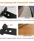 Steel Deck Spacer Tool 2 In 1 Board Spacer With One Eighth Inch And Three Sixteenth Inch Gap Sides For Five And One Half Inch Deck Boards Board Jig Spacer For Treated Wood Or Composite Decking Black One Pack showing gap sizes and board types
