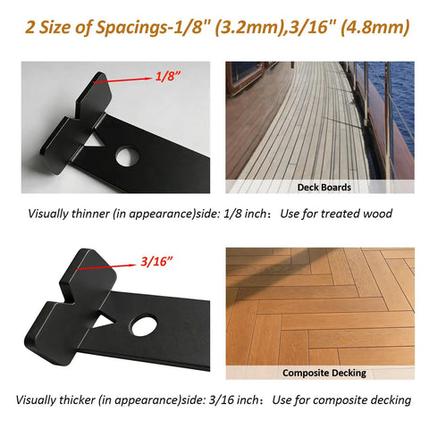 Steel Deck Spacer Tool 2 In 1 Board Spacer With One Eighth Inch And Three Sixteenth Inch Gap Sides For Five And One Half Inch Deck Boards Board Jig Spacer For Treated Wood Or Composite Decking Black One Pack showing gap sizes and board types