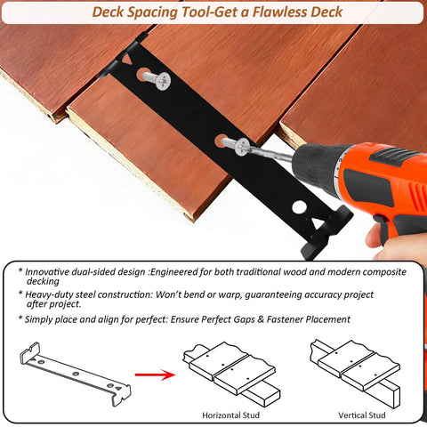 Steel Deck Spacer Tool 2 In 1 Board Spacer with 1/8 and 3/16 inch gap, used on 5.5 inch decking, shown guiding fastener installation.