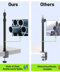 Comparison of desk mounts, left showing sturdy steel design labeled as ours, right showing unstable aluminum plastic labeled as others.
