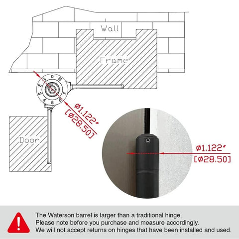 Diagram and close-up of self-closing 4-inch door hinges with built-in closer, 3-pack, showcasing measurements and installation.