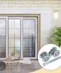 Steel Sliding Track Roller Hanging Barn Door Rail Trolley Wheel H3-3 Replacement Kit For 35-45mm Door Thickness, Suitable For Barn Doors, Interior Doors, Kitchen And American Sliding Doors, Ideal For Closet, Bedroom, Bathroom And More image showing a sliding door with a close-up of trolley wheels and screws