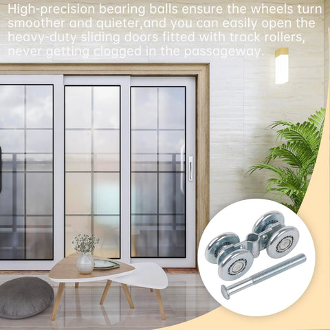 Steel Sliding Track Roller Hanging Barn Door Rail Trolley Wheel H3-3 Replacement Kit For 35-45mm Door Thickness, Suitable For Barn Doors, Interior Doors, Kitchen And American Sliding Doors, Ideal For Closet, Bedroom, Bathroom And More image showing a sliding door with a close-up of trolley wheels and screws