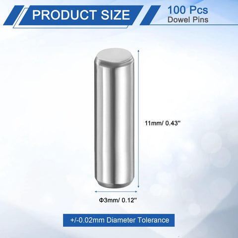 Heavy Duty 100 Piece 3mm By 11mm Steel Dowel Pins Set For Shelf Support And Cabinet Hardware with dimensions and tolerance shown