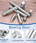 Front view of eight silver bearing-steel cylindrical dowel pins, 2mm diameter, assorted lengths.