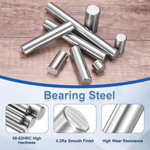 Front view of eight silver bearing-steel cylindrical dowel pins, 2mm diameter, assorted lengths.