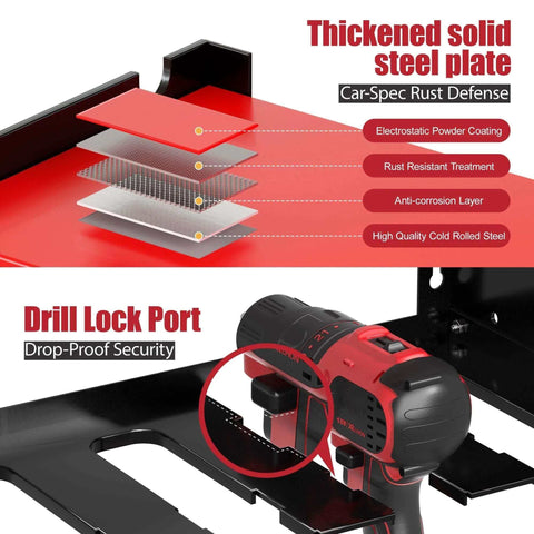 Power Tool Organizer Wall Mount With Four Outlet Power Strip features lockable drill port and steel plate layers for security and durability.