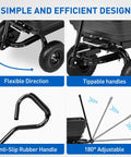 Steel Garden Cart 900 Lb Dump Wagon with All Terrain Inflatable Wheels showing flexible direction, tippable handles, and adjustable features.