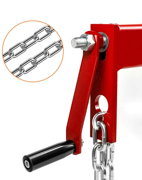 Close-up of Engine Load Leveler 4000 Lbs Capacity, Heavy Duty Steel Hoist Leveler with chains and red finish