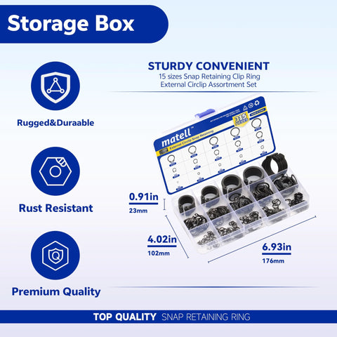 Premium Alloy Steel External Circlip Snap Ring Kit With 315 Piece Set displayed in storage box, showcasing 15 size assortment for shafts by Matell