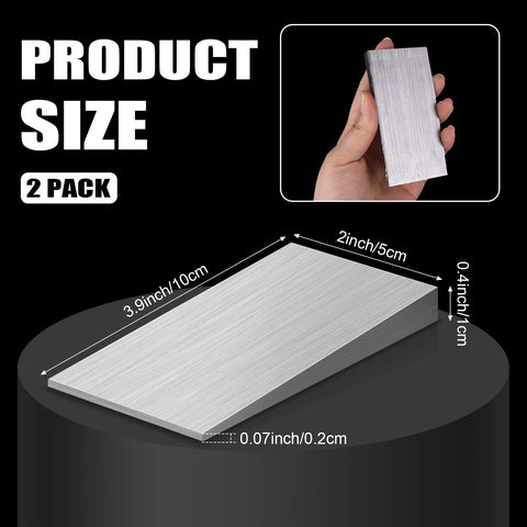 2 Pack Flange Wedge Set 4x2 Inch Beveled Right Angle Steel Wedges shown with product dimensions and hand for scale