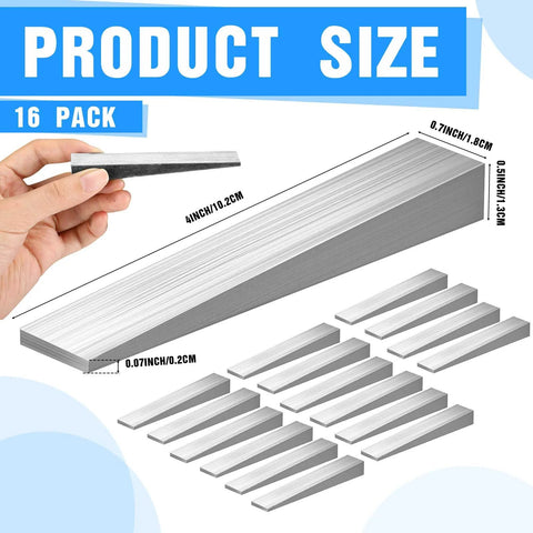 Steel Flange Wedge Beveled Set For Lathes And Welding Machines Right Angle Shims, 16-piece, showing dimensions and hand-held view