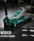 Heavy Duty Steel Floor Jack With 3 Ton Capacity, Ultra Low Profile For Tight Parking Spaces in auto shop, side view.