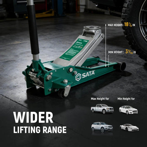 Heavy Duty Steel Floor Jack With 3 Ton Capacity, Ultra Low Profile For Tight Parking Spaces in auto shop, side view.