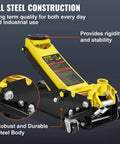 Close-up of a Three Ton Low Profile Floor Jack With Dual Pistons Quick Lift Pump Heavy Duty Steel Racing Jack For Cars showing steel body