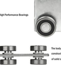 Image showing close-up of Four Wheel Trolley Assembly with roller bearings for Unistrut channel, steel plate and centered alignment.