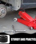 Red hydraulic floor jack lifting vehicle with Universal Steel Front Wheel Replacement for Hydraulic Floor Jacks 2.5 Ton to 3.5 Ton