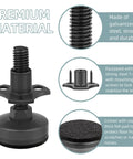 Four-pack adjustable furniture levelers with 3/8-16 threads showcasing premium galvanized steel, T-nut, and felt pad.
