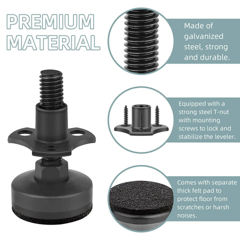 Four-pack adjustable furniture levelers with 3/8-16 threads showcasing premium galvanized steel, T-nut, and felt pad.