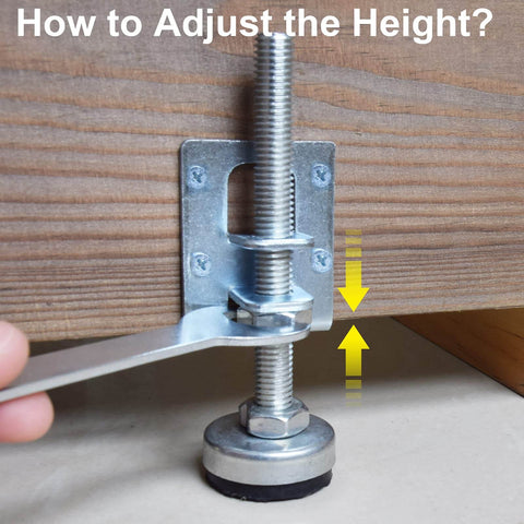 Close-up of 4 Pack Heavy Duty Leveling Feet Furniture Levelers Leg Adjustable Table Legs Leveler in use on wooden furniture.