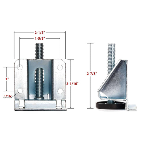 Heavy Duty 8 Pack Furniture Leveling Feet With Lock Nuts For Tables Cabinets Workbenches Shelving Units And More Adjustable 3/8-16 Thread Levelers In Plated Steel For Stable Level Surfaces showing dimensions and close-up of plated steel parts.