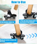 Instructions for using a set of 12 steel tri wheel furniture moving dollies with 3 wheel design, showing lifting and placement steps.