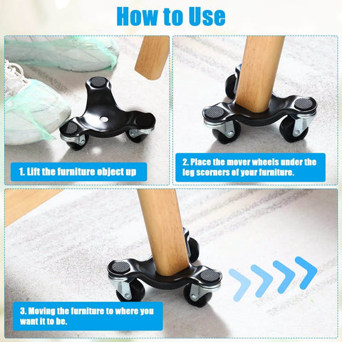 Instructions for using a set of 12 steel tri wheel furniture moving dollies with 3 wheel design, showing lifting and placement steps.