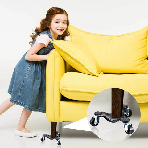 Set of 12 steel tri wheel furniture moving dollies with 3 wheel design supporting yellow couch, girl pushing for easy furniture repositioning