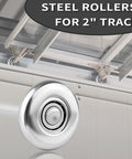 Upgrade Your Garage Door With A 7 Inch Stem Steel Roller Set For 2 Inch Track Designed For Heavy Wood And Wide Doors This 10 Pack Features Sealed 10 Ball Bearings For Stability No Slop Smooth Operation And Quick Gap Fix, close-up view of steel roller in track installation.
