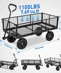 Steel Garden Cart 1100 Lb Dump Wagon with All Terrain Inflatable Wheels, side view showcasing dimensions and sturdy design.