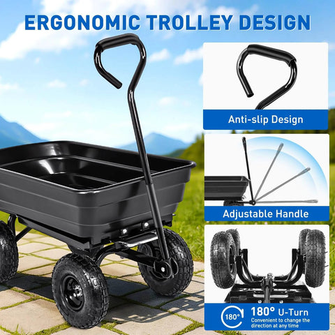 Steel Garden Cart 600 Lb Dump Wagon with All Terrain Inflatable Wheels, Ergonomic handle design for easy maneuvering.