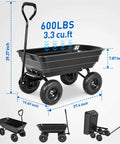 Steel Garden Cart 600 Lb Dump Wagon with All Terrain Inflatable Wheels, 3.3 cu.ft, front view and dimensions.