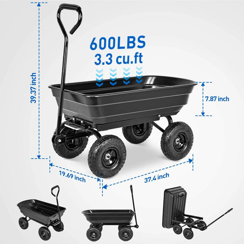Steel Garden Cart 600 Lb Dump Wagon with All Terrain Inflatable Wheels, 3.3 cu.ft, front view and dimensions.