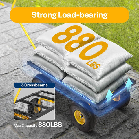 Heavy Duty Mesh Steel Garden Cart with 880 lb capacity loaded with bags on a paved surface.